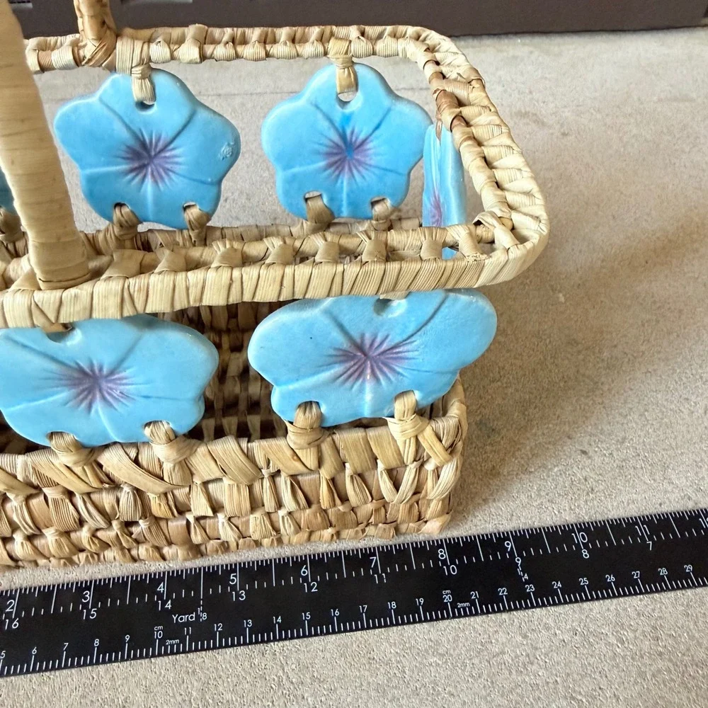 Vintage Woven Straw Basket Ceramic Blue Morning Glory Flowers Bohemain Caddy